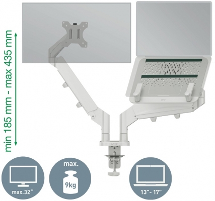 Suport pentru monitor Leitz Ergo, 2 brate ajustabile si extensibile, cu fixare pe birou, suport pentru laptop inclus, gri-carbune